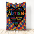 Autism throw blanket with colorful puzzle pieces, bold AUTISM message, and uplifting words in a bright design