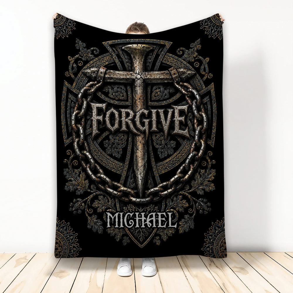 Christian throw blanket featuring an ornate cross, chained border, dark metallic details, and faith-inspired artwork