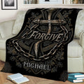 Christian throw blanket draped over a sofa, featuring an ornate cross, chains, and intricate faith-inspired patterns