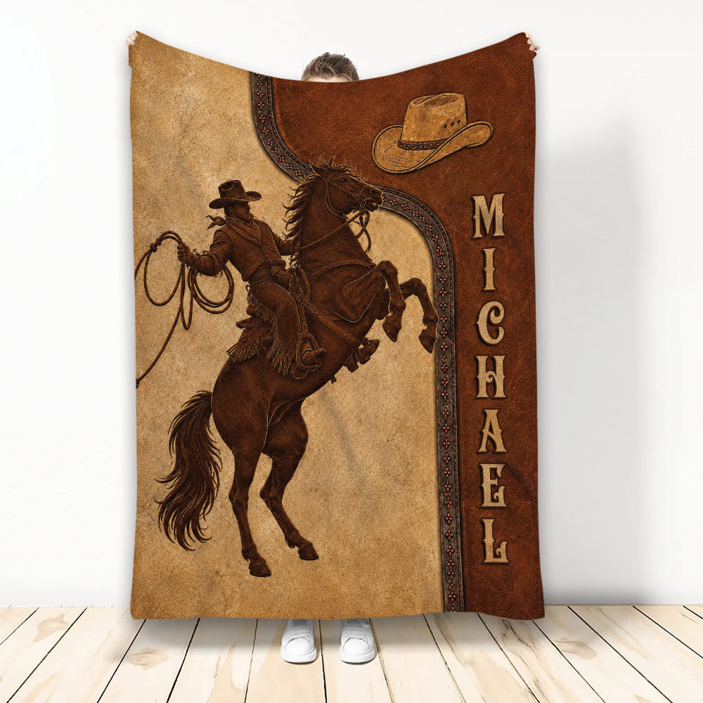 Cowboy riding horse with lasso on a rustic western throw blanket design