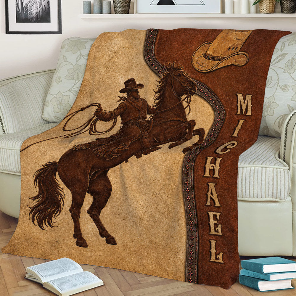 Western cowboy horse artwork displayed on a cozy sofa throw blanket