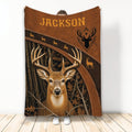 Hunting throw blanket featuring a detailed buck in a forest scene with rustic brown stitched-look artwork