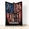 Hunting blanket featuring a detailed buck with large antlers against a distressed American flag design