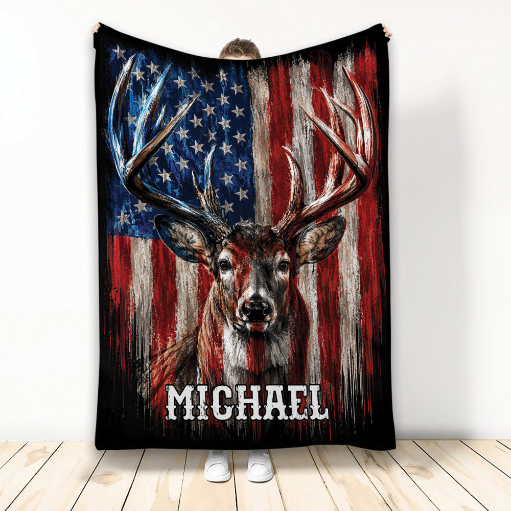 Hunting blanket featuring a detailed buck with large antlers against a distressed American flag design