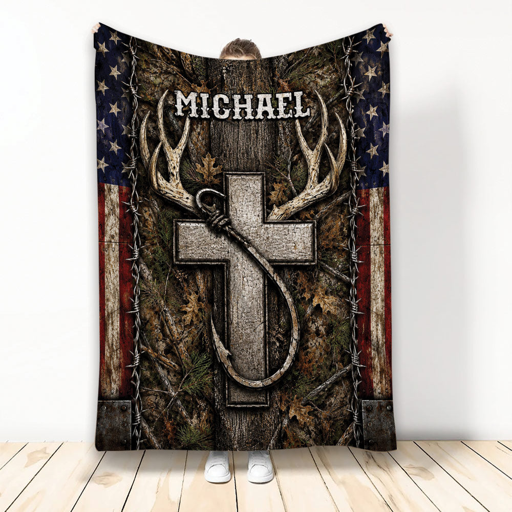 Custom fishing and hunting blanket with Christian cross, deer antlers, fishing hook, woodland camouflage and distressed American flag