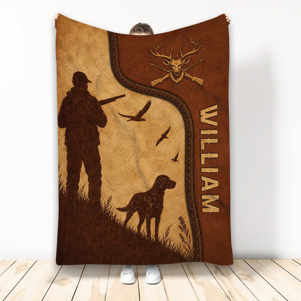Rustic hunting throw blanket featuring a hunter, hunting dog, deer emblem, birds, and warm leather-inspired artwork
