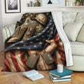 Patriotic Veteran Blanket Draped on a Sofa with Military Gear and Dog Tag Artwork