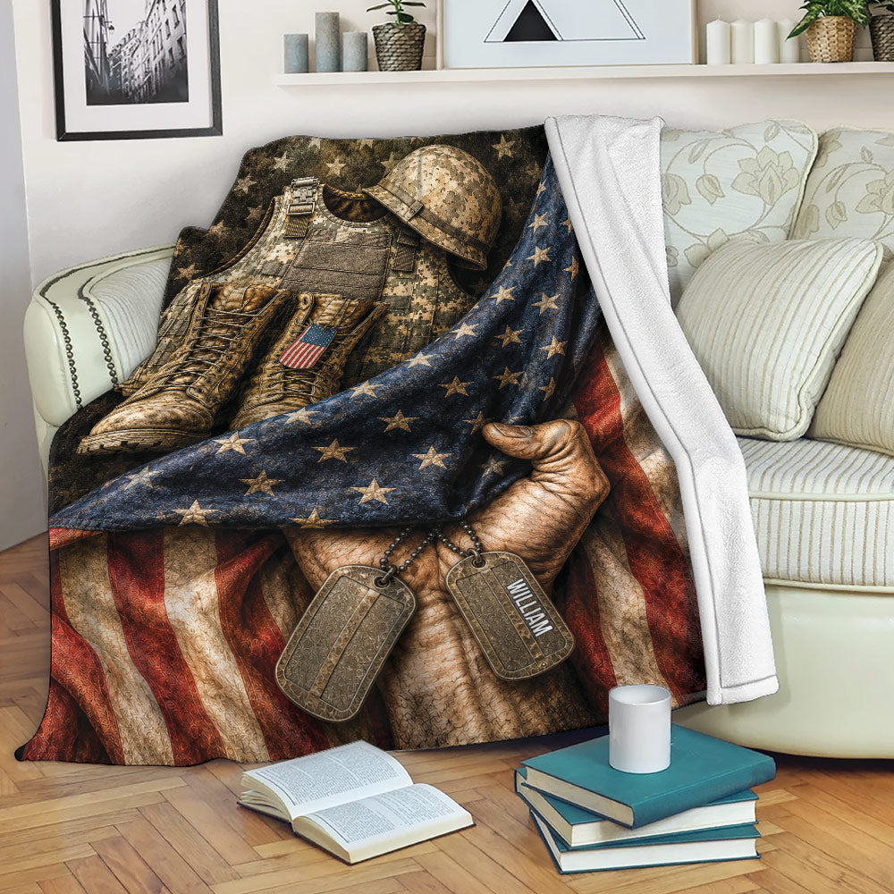 Patriotic Veteran Blanket Draped on a Sofa with Military Gear and Dog Tag Artwork