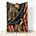 Veteran Throw Blanket with Military Gear, Combat Boots, Dog Tags, and Patriotic Flag Artwork