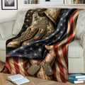 Military Veteran Throw Blanket Displayed on a Couch with Boots, Dog Tags, and Flag Design