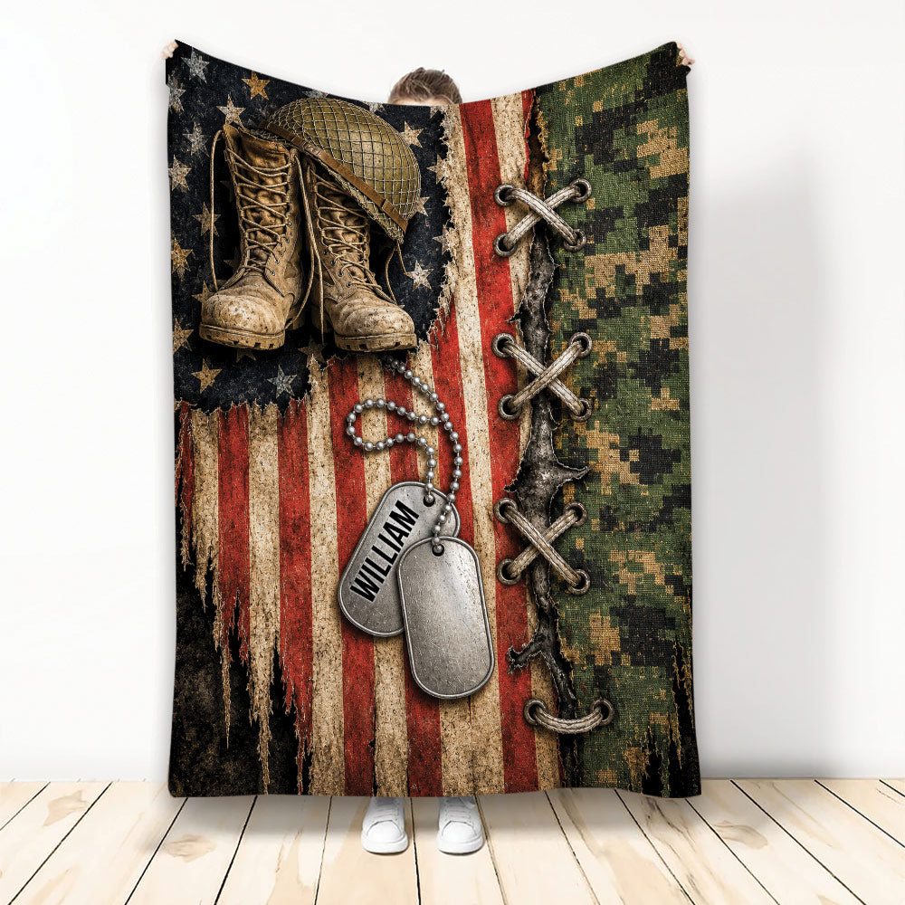 Veteran blanket featuring combat boots, military helmet, dog tags, camouflage, and distressed American flag artwork