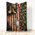 Veteran blanket featuring combat boots, military helmet, dog tags, camouflage, and distressed American flag artwork