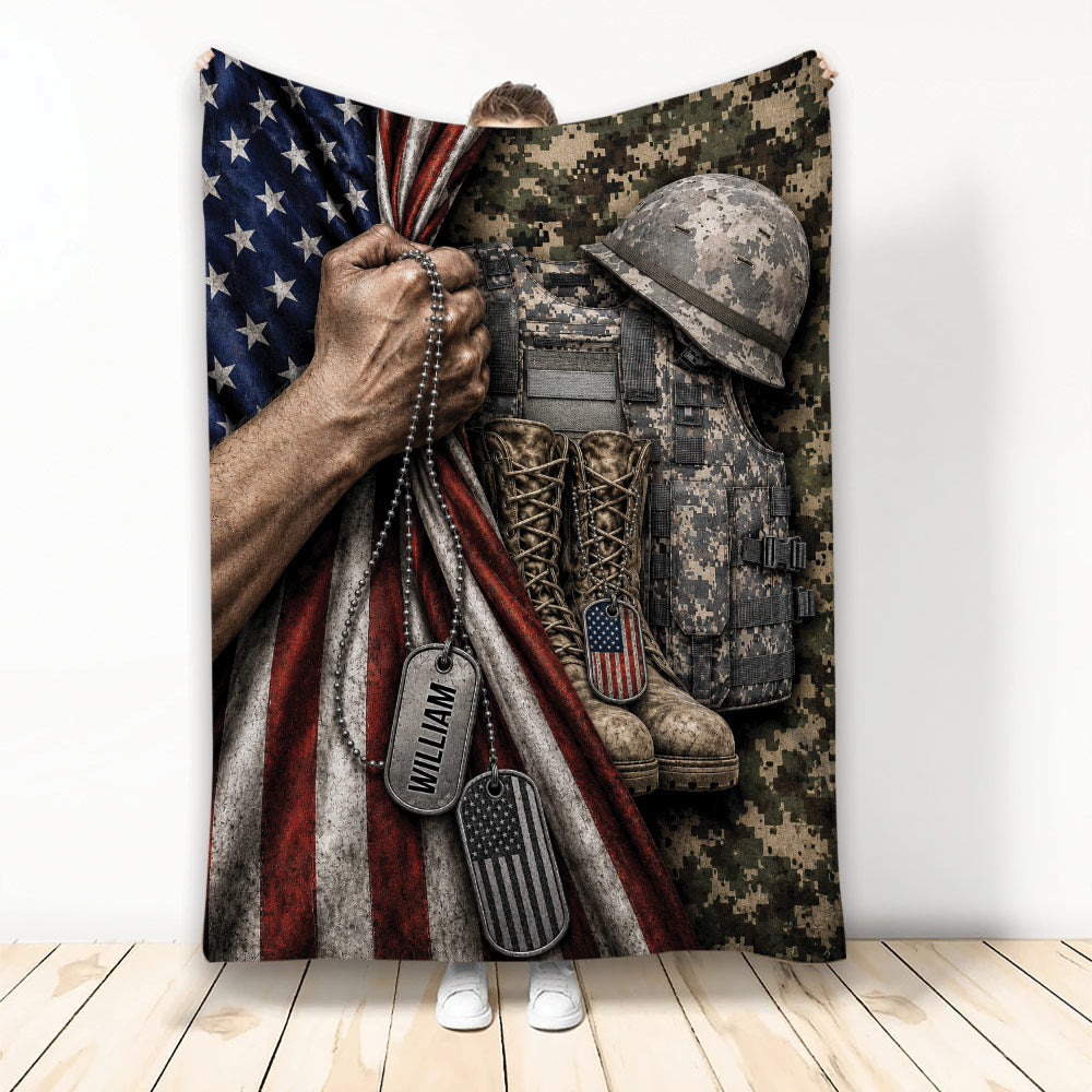 Veteran throw blanket displayed with military gear, dog tags, boots, camouflage, and an American flag