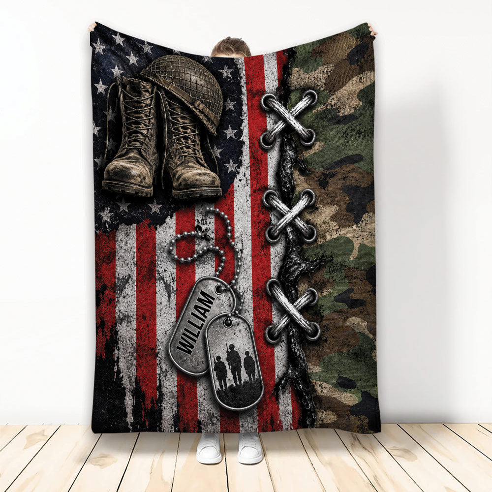 Veteran throw blanket featuring military boots, helmet, dog tags, camouflage, and distressed American flag artwork
