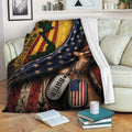 Patriotic veteran blanket draped over a sofa with American flag artwork and military-inspired dog tags