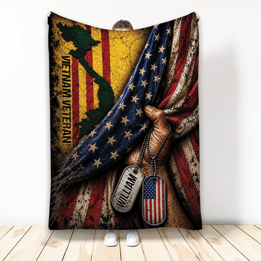 Veteran throw blanket with distressed American flag artwork, camouflage accents, and military-style dog tags