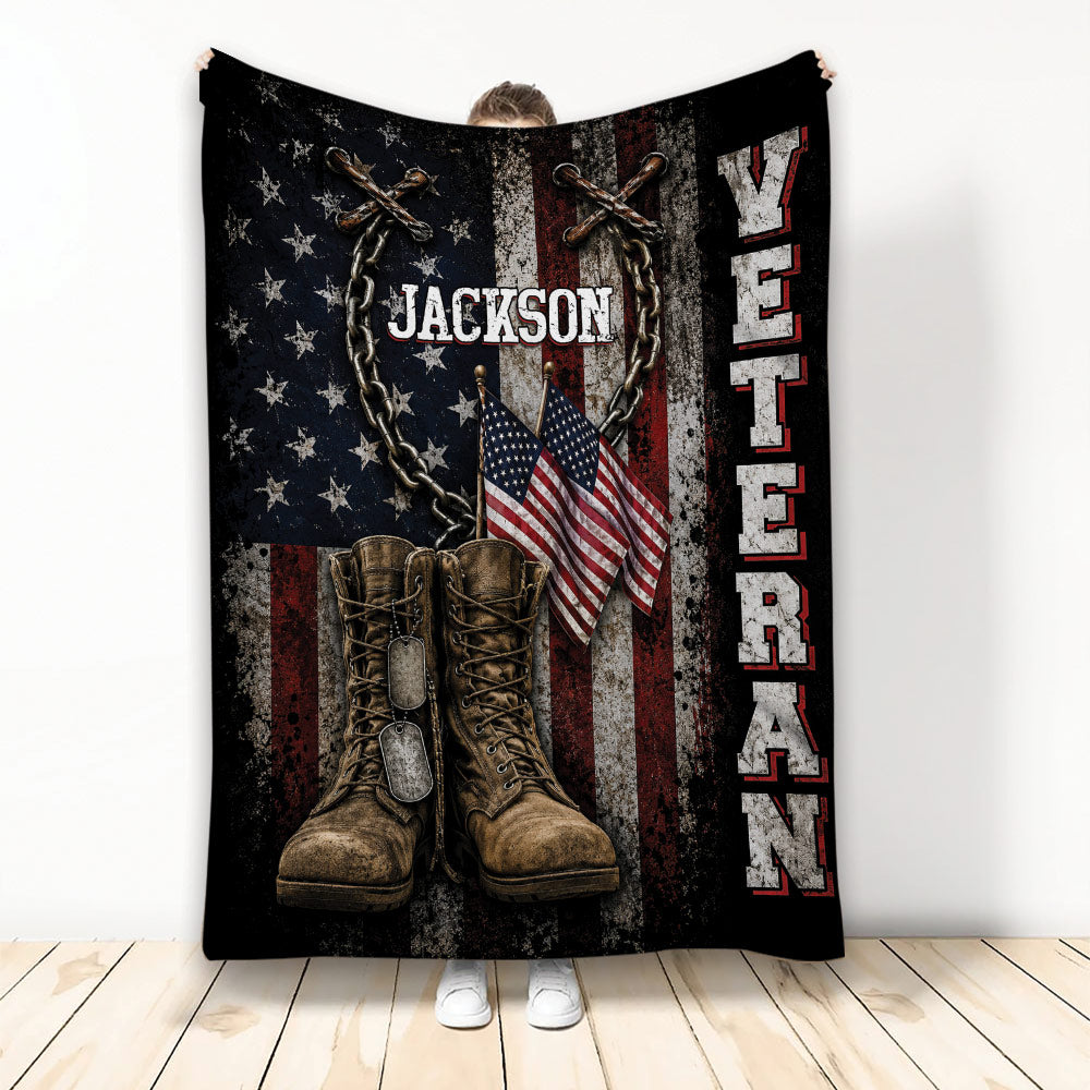 Veteran throw blanket with combat boots, dog tags, American flags, chains, and distressed patriotic artwork