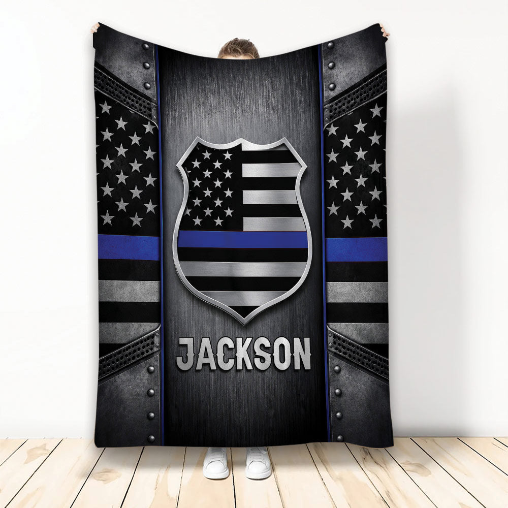 Police throw blanket with shield emblem, thin blue line, stars, and bold black and silver artwork