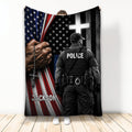 Police throw blanket featuring a uniformed officer, American flag stripes, stars, cross, and bold patriotic artwork