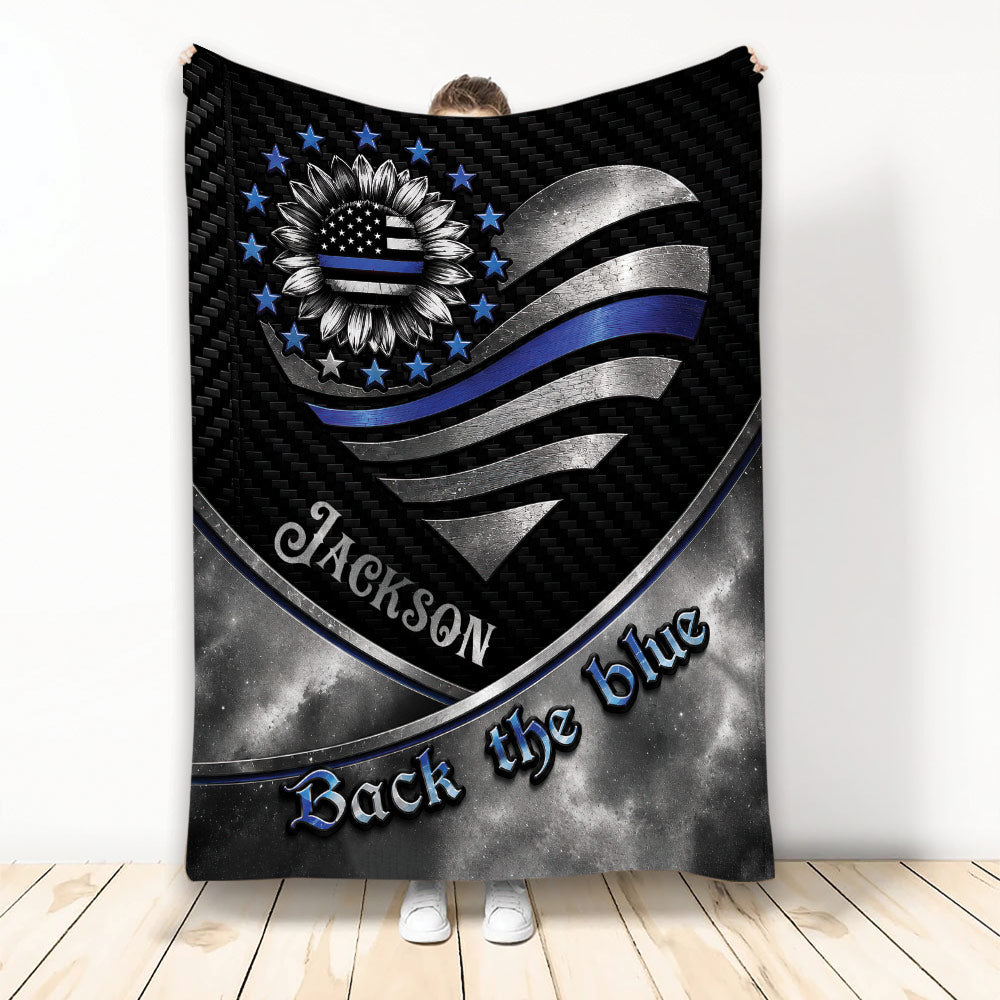 Police throw blanket featuring a patriotic sunflower, thin blue line emblem, stars, and blue and silver artwork