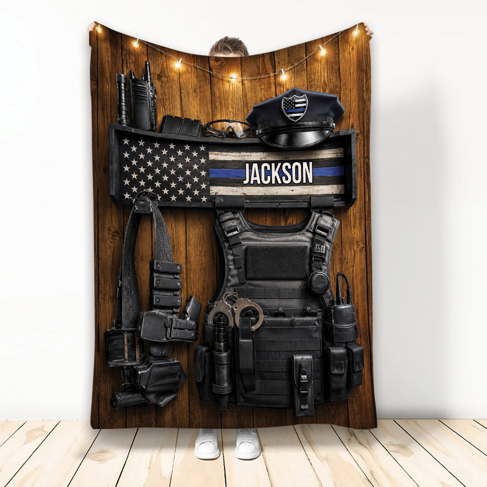 Police throw blanket featuring tactical gear, patrol cap and rustic American flag artwork