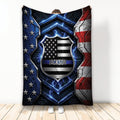 Patriotic police shield blanket with blue line artwork, stars, lightning details, and red, white, and blue colors