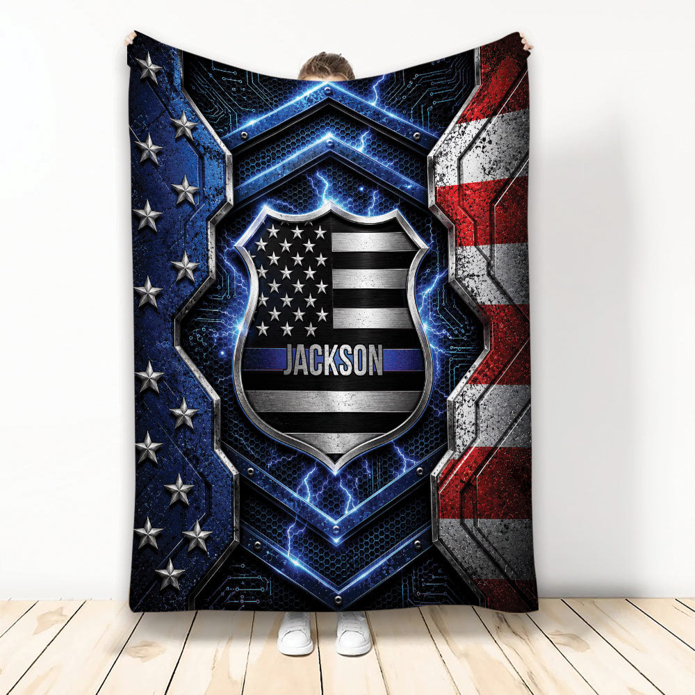 Patriotic police shield blanket with blue line artwork, stars, lightning details, and red, white, and blue colors