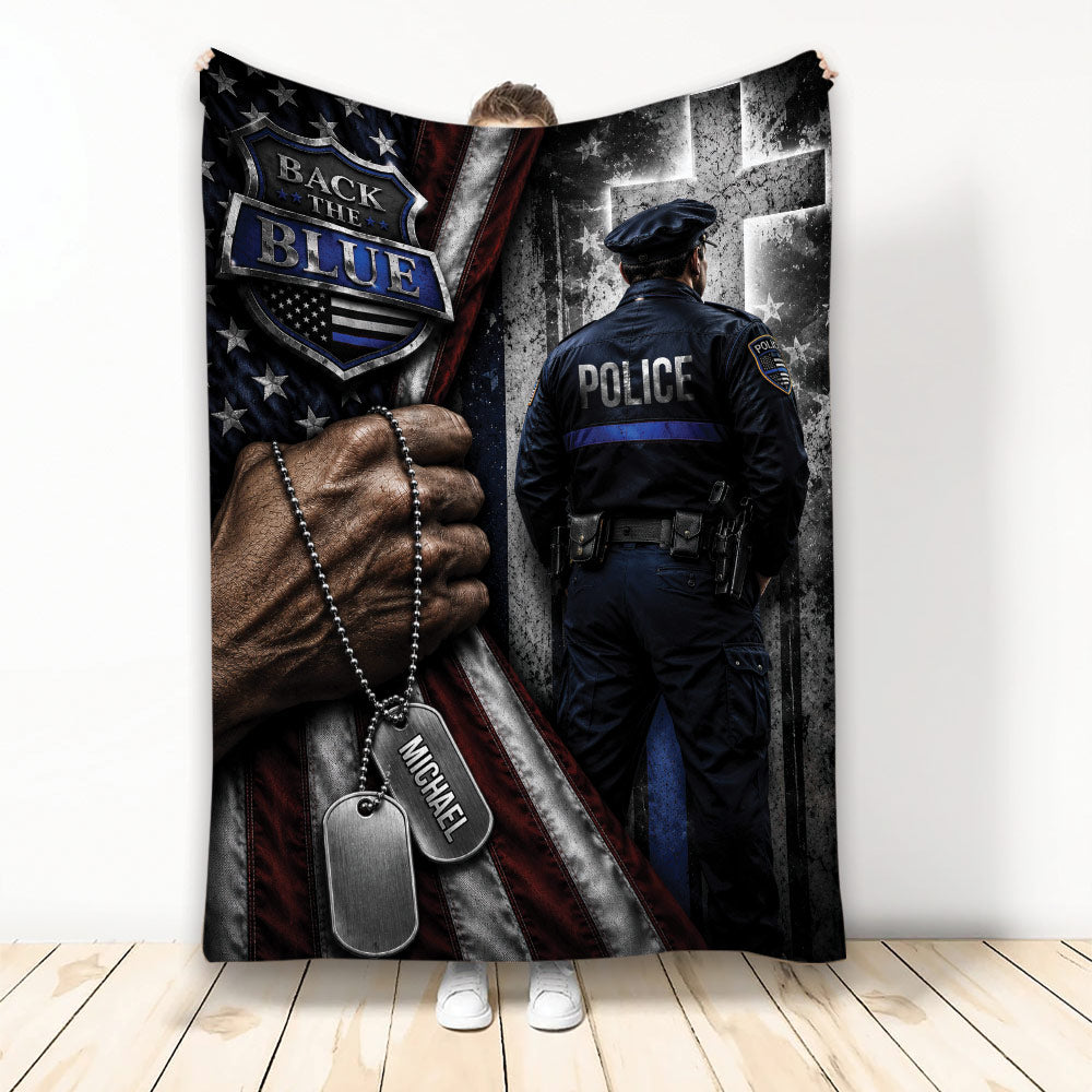 Police throw blanket featuring a uniformed officer, patriotic stripes, blue-line emblem, and dog tag artwork