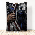 Police throw blanket featuring a uniformed officer, patriotic stripes, blue-line emblem, and dog tag artwork