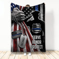 Police throw blanket with officer silhouette, patriotic flag and blue line artwork