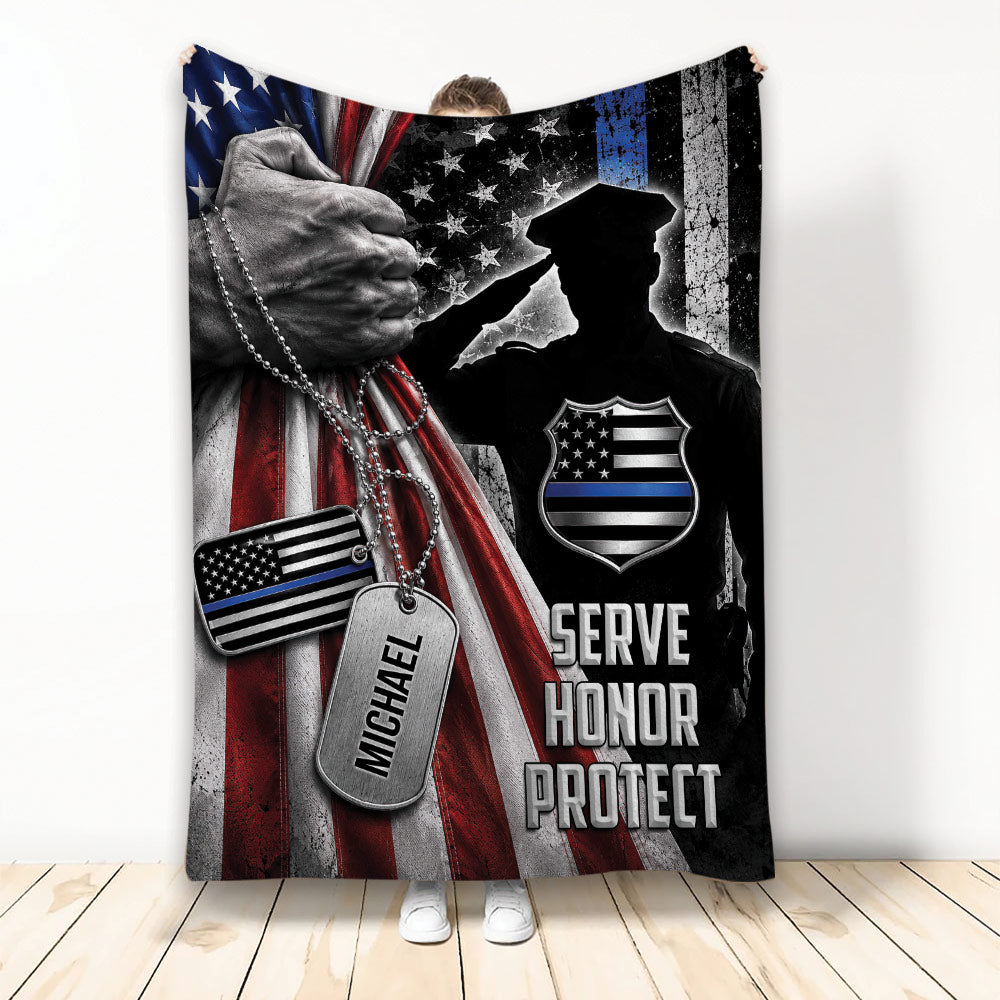 Police throw blanket with officer silhouette, patriotic flag and blue line artwork