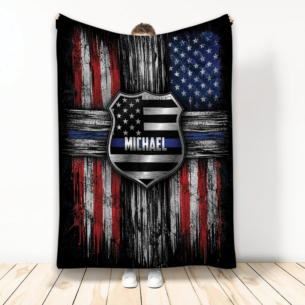 Police throw blanket with distressed American flag artwork, thin blue line emblem, and badge design