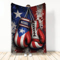 Boxing throw blanket featuring red, white, and blue gloves with bold patriotic sports artwork