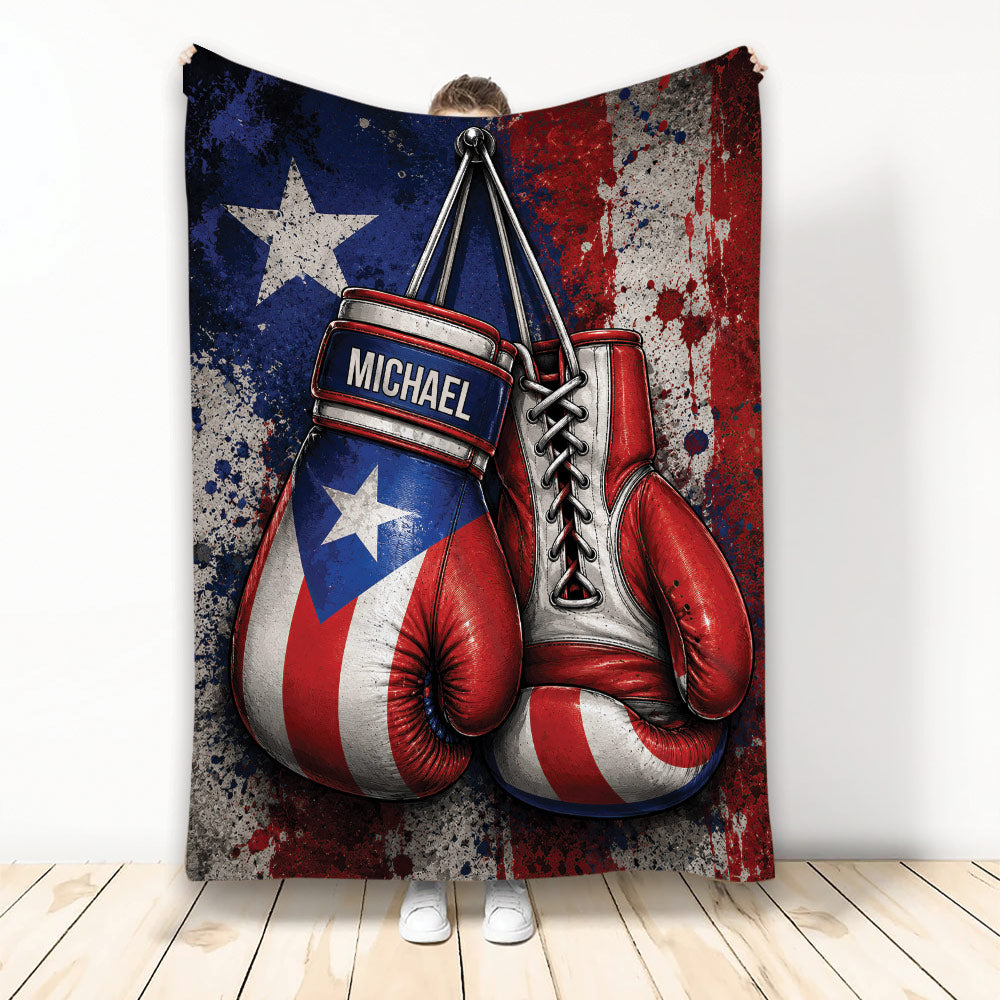 Boxing throw blanket featuring red, white, and blue gloves with bold patriotic sports artwork