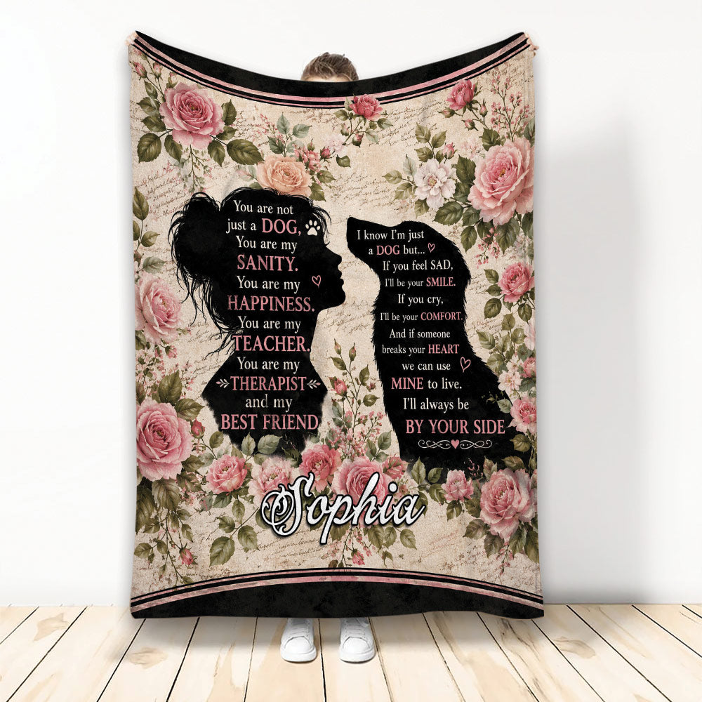 Custom Dachshund blanket with woman and wiener dog silhouettes, pink roses, heartfelt dog friendship quote and custom name