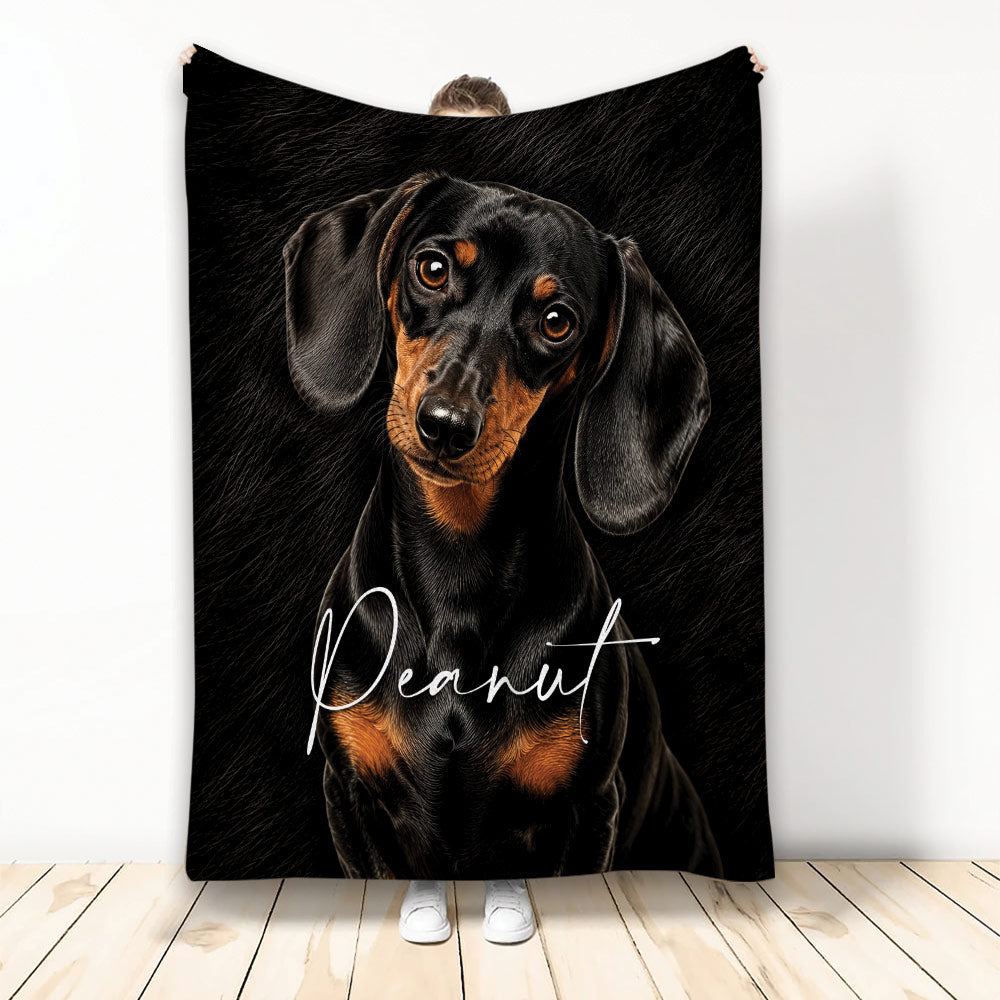 Black and tan dachshund throw blanket displayed upright with a close-up dog illustration