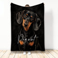 Black and tan dachshund throw blanket displayed upright with a close-up dog illustration