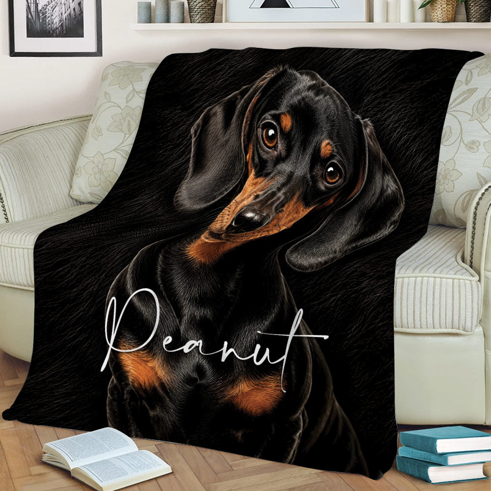 Dachshund throw blanket draped across a sofa with expressive black and tan dog artwork
