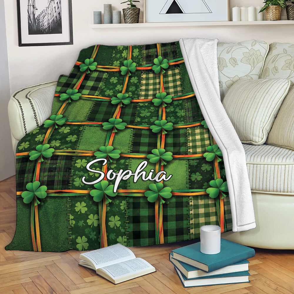 Irish shamrock tartan blanket draped over a sofa for cozy living room decor