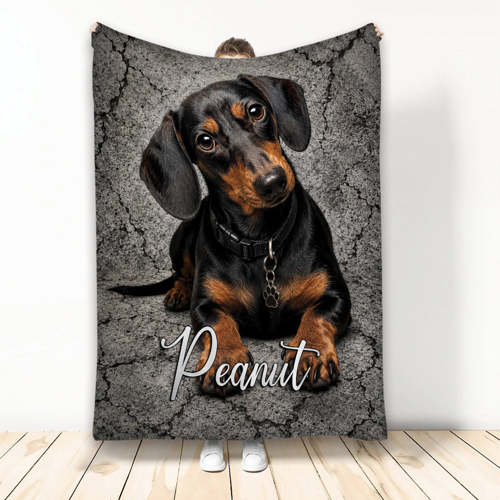 Black and tan Dachshund blanket displayed against a textured gray background
