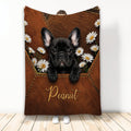 French Bulldog throw blanket with black Frenchie, daisies, and warm brown leather-inspired artwork