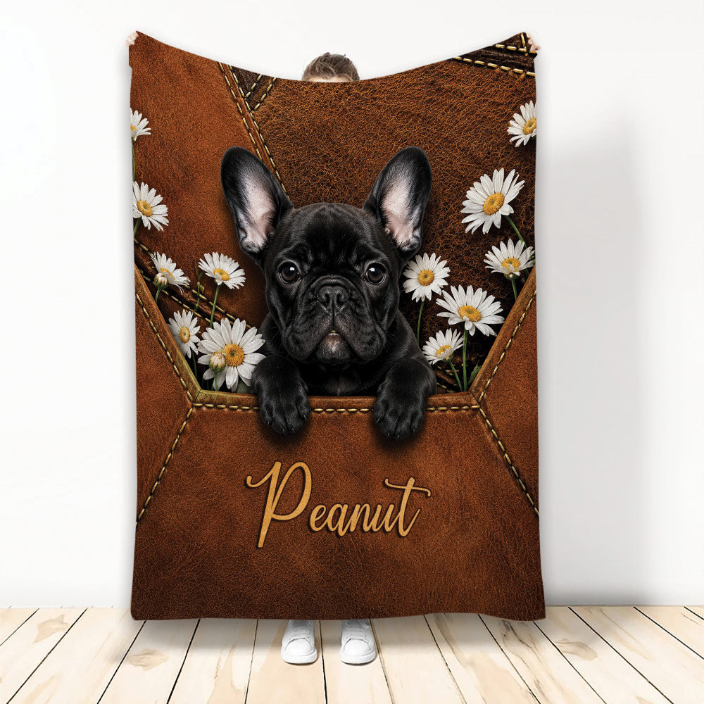 French Bulldog throw blanket with black Frenchie, daisies, and warm brown leather-inspired artwork