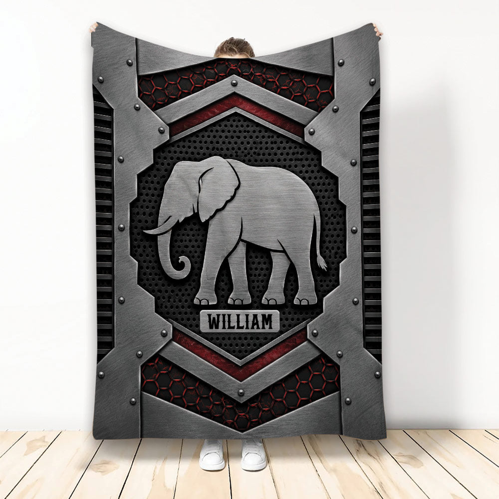 Custom elephant blanket with metallic armored artwork in black, gray, and red