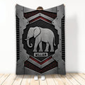Custom elephant blanket with metallic armored artwork in black, gray, and red