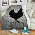 Rustic chicken silhouette throw blanket draped over a living room sofa