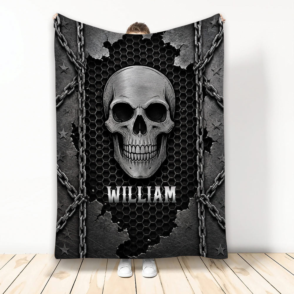 Skull throw blanket displayed upright with chains, cracked metal textures, and dark gothic artwork