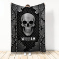 Skull throw blanket displayed upright with chains, cracked metal textures, and dark gothic artwork