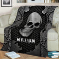 Close lifestyle view of a skull blanket featuring chains, hexagonal texture, stars, and gothic decor