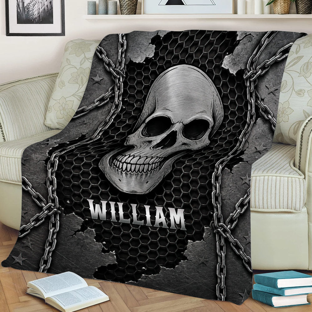 Close lifestyle view of a skull blanket featuring chains, hexagonal texture, stars, and gothic decor