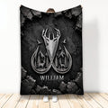 Custom fishing and hunting blanket with crossed fish hooks, deer, pine forest, mountains, birds and custom name on a dark metal design